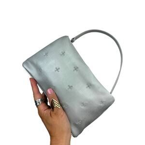 Y2K metallic woven nylon silver mini bag with embroidered crosses